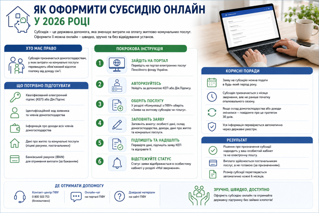 Інфографіка про оформлення житлової субсидії онлайн у 2026 році, необхідні документи, покрокову подачу заяви та перевірку статусу.
