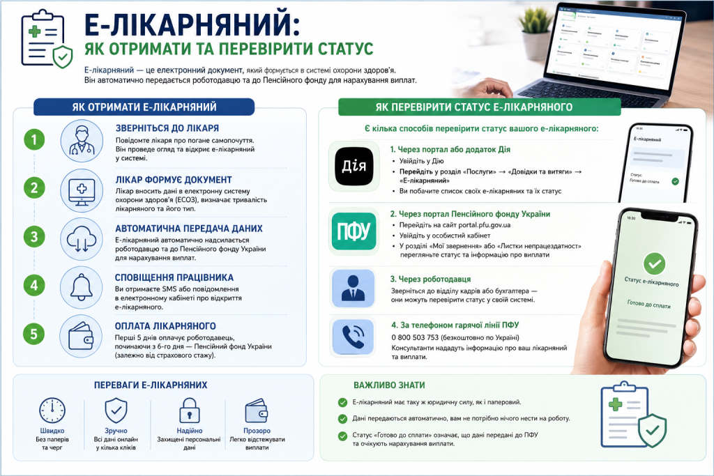 Інфографіка про оформлення електронного лікарняного в Україні, етапи отримання, перевірку статусу через Дію, Пенсійний фонд та роботодавця.