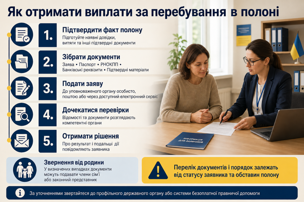 Інфографіка з покроковою інструкцією щодо оформлення виплат за перебування військовослужбовця в полоні