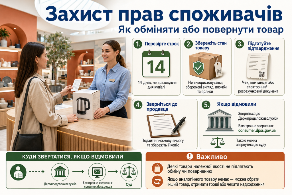Інфографіка про права споживачів в Україні та порядок обміну або повернення придбаного товару