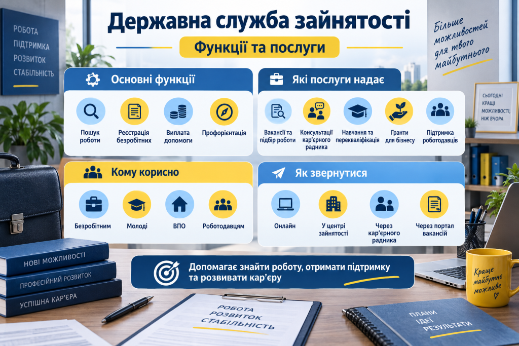 Інфографіка про функції та послуги Державної служби зайнятості України для безробітних, молоді, ВПО та роботодавців