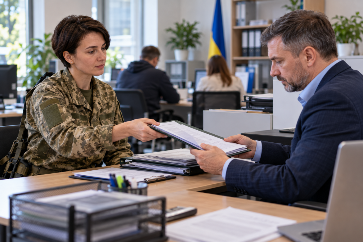 Українська військовослужбовиця передає документи працівнику державної установи для оформлення статусу учасника бойових дій.