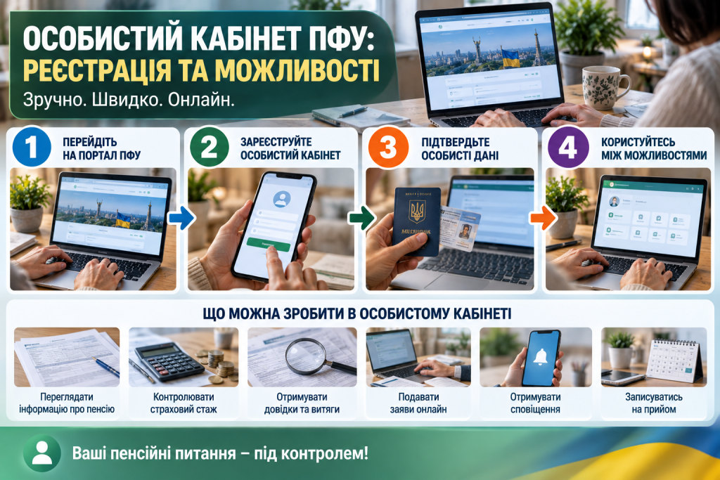 Інфографіка про реєстрацію в особистому кабінеті Пенсійного фонду України та доступні онлайн-послуги