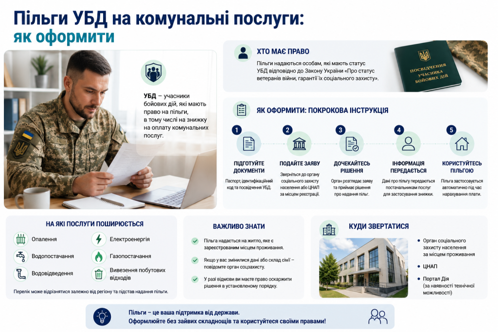 Інфографіка про пільги учасникам бойових дій на оплату комунальних послуг та порядок їх оформлення