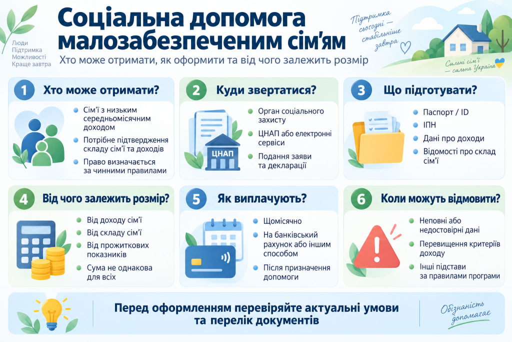 Інфографіка про соціальну допомогу малозабезпеченим сім’ям, умови отримання, документи та порядок оформлення.