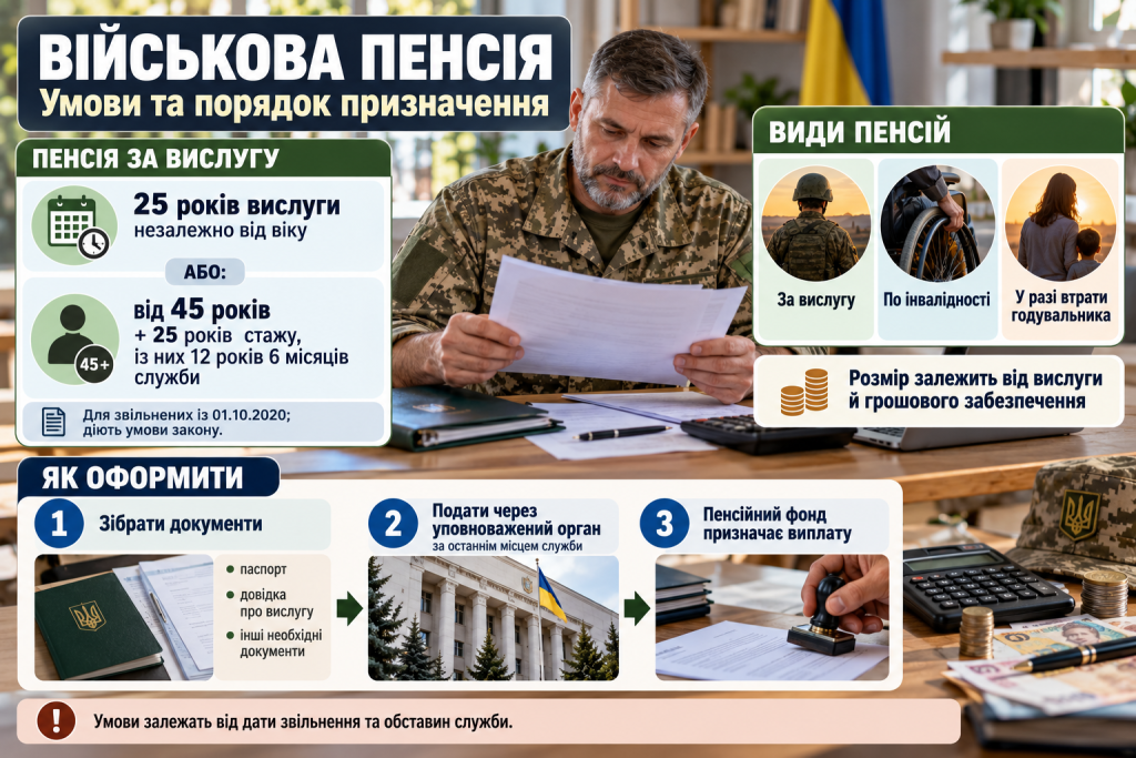 Інфографіка про військову пенсію в Україні: умови призначення, види пенсій, необхідний стаж, документи та порядок оформлення виплат.
