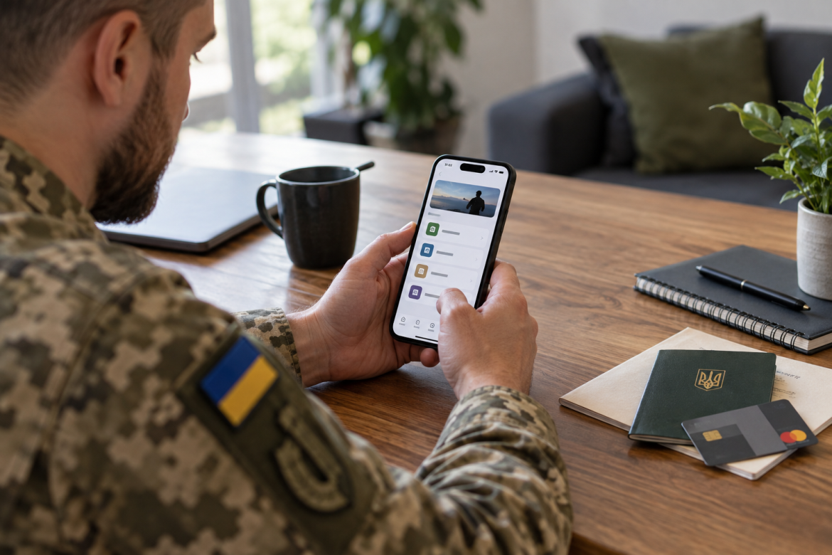 Український військовий користується смартфоном для перегляду електронних послуг і виплат для ветеранів.