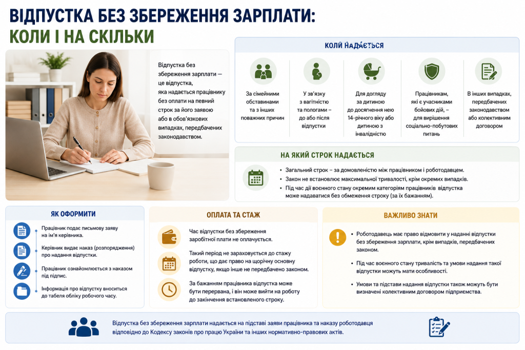 Інфографіка про відпустку без збереження заробітної плати, підстави, строки, оформлення та трудовий стаж