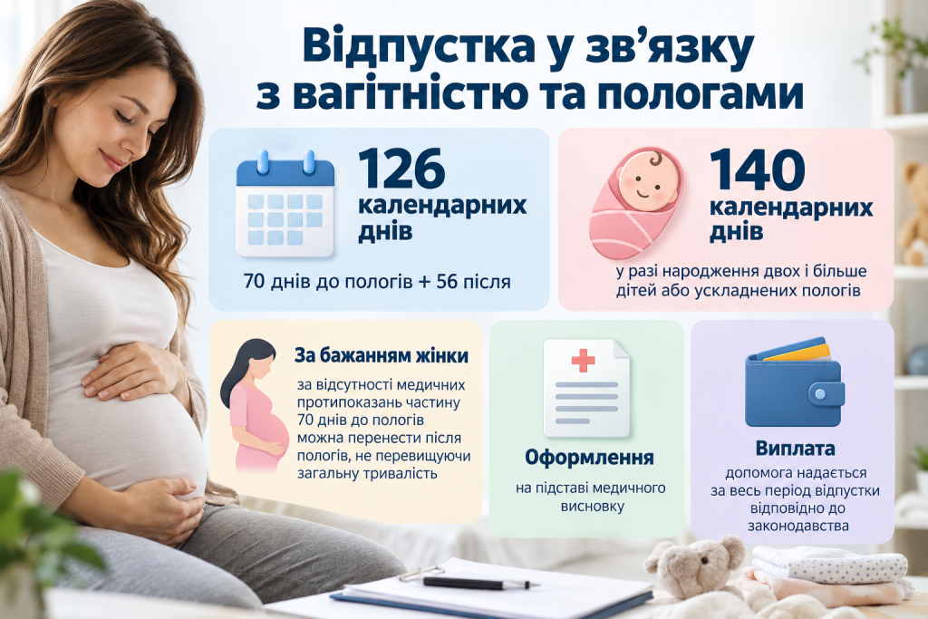 Інфографіка про тривалість відпустки у зв’язку з вагітністю та пологами, оформлення та виплати в Україні.