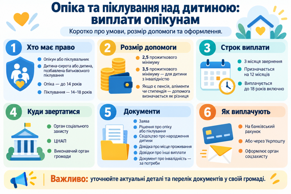 Інфографіка про виплати опікунам дітей, розмір допомоги, строки призначення, необхідні документи та порядок оформлення.