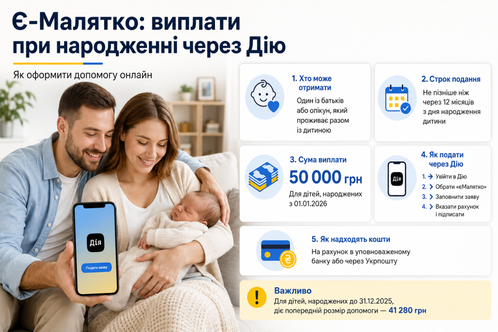 Інфографіка про виплати при народженні дитини через єМалятко та оформлення допомоги в застосунку Дія