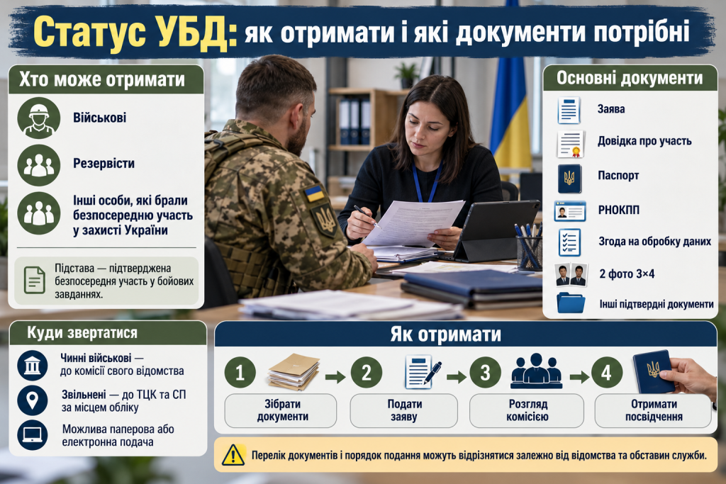 Інфографіка про отримання статусу УБД в Україні: хто має право, які документи потрібні, куди звертатися та як відбувається розгляд заяви.