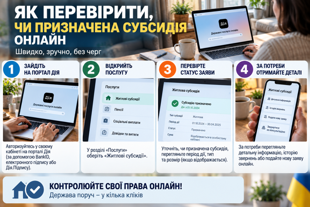 Покрокова інфографіка про перевірку призначення житлової субсидії онлайн через державні електронні сервіси