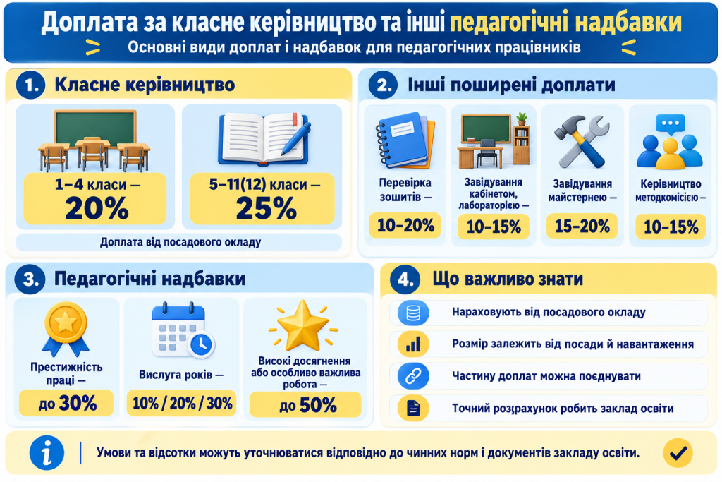 Інфографіка про доплати за класне керівництво, перевірку зошитів, завідування кабінетом та інші надбавки педагогічним працівникам.