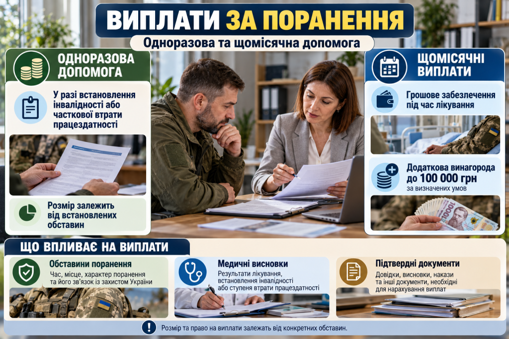 Інфографіка про виплати військовим за поранення: одноразова грошова допомога, щомісячні виплати, медичні висновки та необхідні документи.
