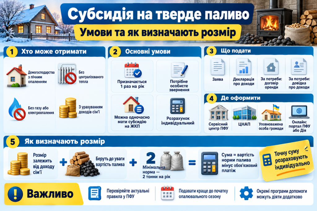 Інфографіка про оформлення субсидії на тверде паливо в Україні, основні умови отримання, необхідні документи та порядок розрахунку допомоги.